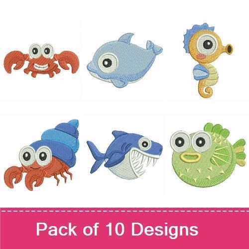 Adorable Sea Creatures Embroidery Bundle – Crab, Dolphin, Seahorse & More (10 Designs)