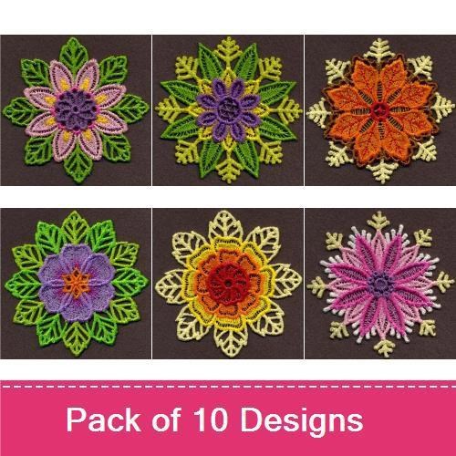 FSL Colorful Floral Snowflakes Embroidery Designs Bundle – Orange, Red, Purple Snowflakes & More (10 Designs)