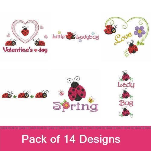 Ladybugs & Spring Embroidery Designs Bundle – Little Ladybug, Valentine's Day Heart, Flower with Ladybug & More (14 Designs)