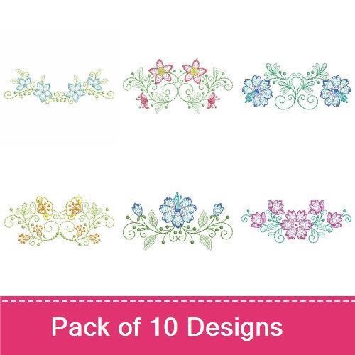 Rippled Floral Embroidery Designs Bundle – Pink and Purple Floral Vine, Blue and Yellow Floral Vine, & More (10 Designs)