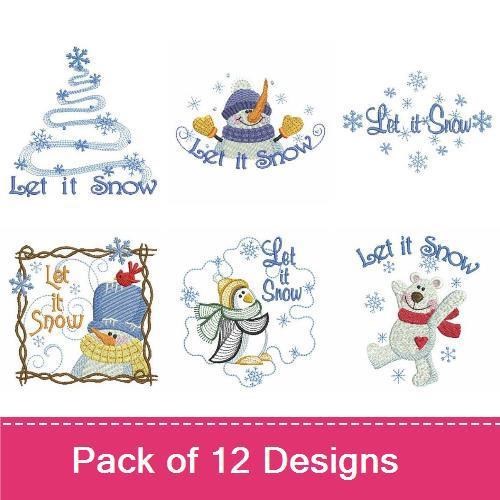 Winter-Themed Embroidery Designs Bundle – Snowman with Mittens, Let it Snow Script, Ice Skating Scene & More (12 Designs)