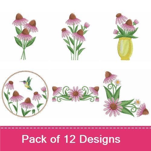 Floral Embellishments Embroidery Design Bundle – Coneflower Bouquet in Vase, Single Pink Coneflower, & More (12 Designs)