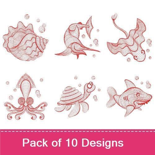 Redwork Ocean Creatures Embroidery Designs Bundle – Crab, Octopus, Seahorse & More (10 Designs)
