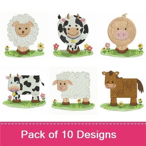 Farm Animal Embroidery Bundle – Sheep, Cow, Pig & More (10 Designs)