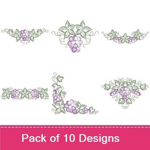 Grape Vine Embroidery Designs Bundle – Grape Vine Wreath, Grapes with Leaves, Vine Decoration & More (10 Designs)