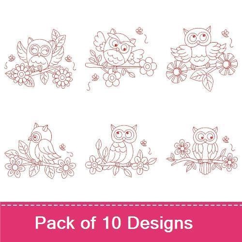 Redwork Whimsical Owls Embroidery Designs Bundle – Owl on Branch, Owl with Glasses, Owl Family & More (10 Designs)