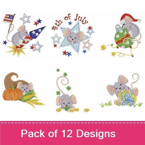 Festive Mice Embroidery Designs Bundle – Mouse with Balloons, Candy Cane, Pumpkin & More (12 Designs)