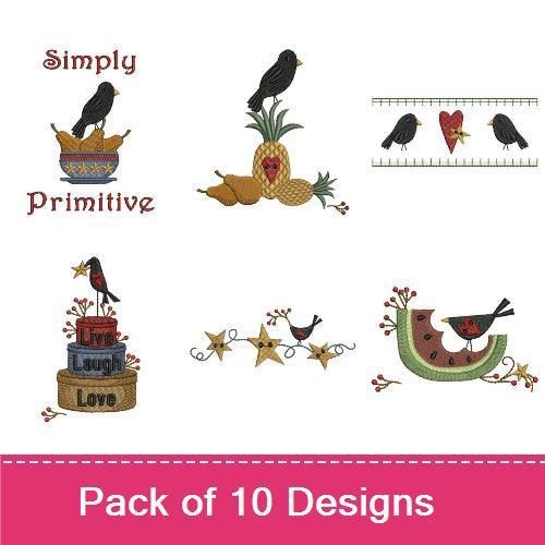Primitive Crow & Fruit Embroidery Bundle – Crow in Bowl, Sunflower Plant, Crow with Apples & More (10 Designs)