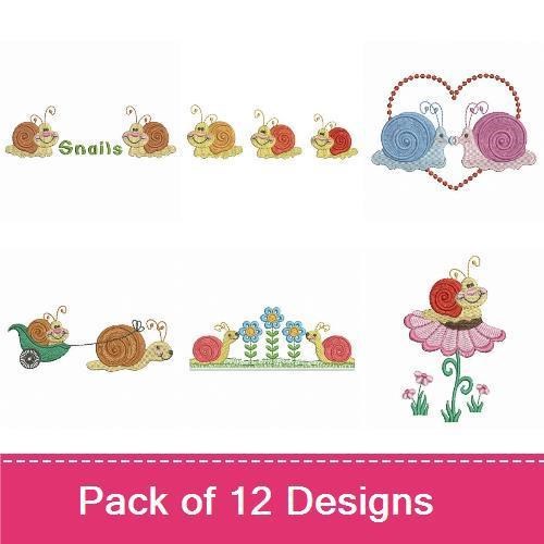 Cute Snails Embroidery Bundle – Snail with Flower, Snail Family, Snail in a Wheelbarrow & More (12 Designs)
