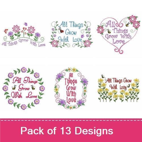 Floral and Love Embroidery Designs Bundle – Floral Bouquet, Heart with Text, Flower Wreath & More (13 Designs)