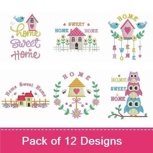 Home Embroidery Designs Bundle – Home Sweet Home, Birdhouse with Heart, Home with Flowers & More (12 Designs)