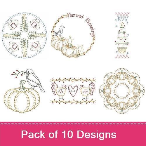 Redwork Primitive Autumn Embroidery Bundle – Sheep with Tree, Holiday Tree, Decorative Pumpkin & More (10 Designs)