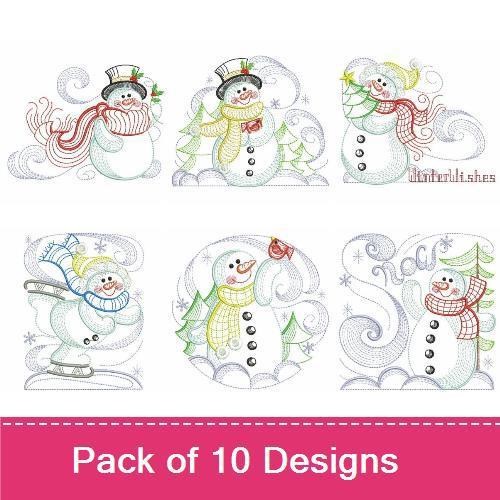 Rippled Snowman Embroidery Bundle – Snowman with Scarf, Dancing Snowman, Cheerful Snowman & More (10 Designs)
