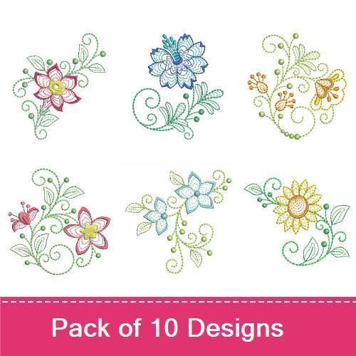 Rippled Delicate Floral Embroidery Bundle – Pink Floral with Leaves, Blue Floral with Swirls, & More (10 Designs)