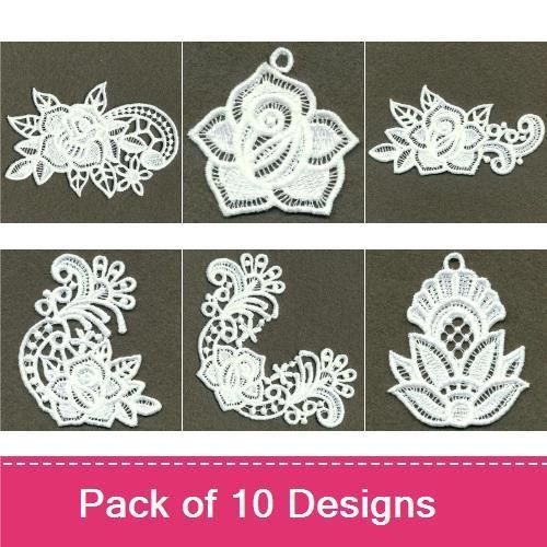 FSL Elegant Floral Lace Embroidery Designs Bundle – Lace Floral Bunch, Ornate Lace Flower, Delicate Rose Lace & More (10 Designs)