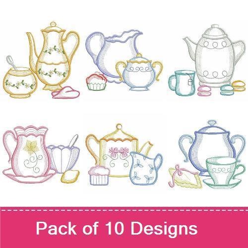 Redwork Vintage Tea Time Embroidery Designs Bundle – Teapot with Cup, Floral Teapot, Elegant Cup and Saucer & More (10 Designs)