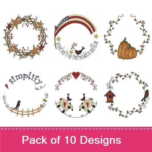 Rustic Autumn Wreath Embroidery Designs Bundle – Star Wreath, Pumpkin Wreath, Berry Wreath & More (10 Designs)