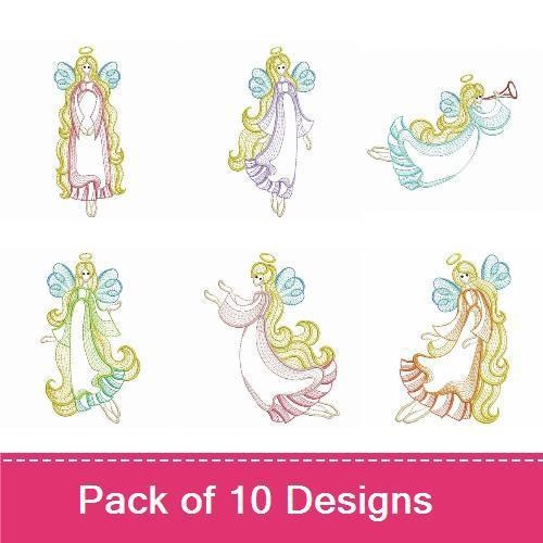 Rippled Whimsical Angels Embroidery Designs Bundle – Angel with Trumpet, Angel with Wand, Standing Angel & More (10 Designs)