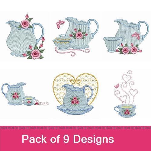 Floral Vintage Tea Set Embroidery Designs Bundle – Teapot with Flowers, Tea Cup with Roses & More (9 Designs)