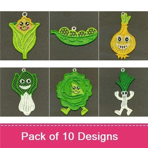 FSL Happy Vegetable Characters Embroidery Designs Bundle – Red Bell Pepper, Happy Corn, Pea Pod & More (10 Designs)