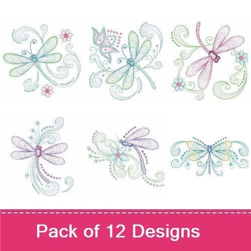 Rippled Delicate Dragonflies Embroidery Designs Bundle – Colorful Dragonfly, Ornate Dragonfly, Flower & Dragonfly & More (12 Designs)