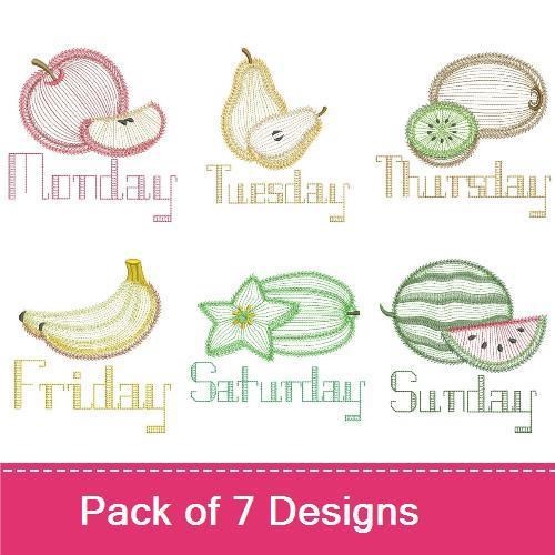 Rippled Fruity Days of the Week Embroidery Designs Bundle – Apple Monday, Pear Tuesday, Cherry Wednesday & More (7 Designs)