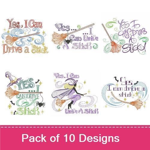 Rippled Witch Themed Embroidery Designs Bundle – Yes I Can Drive a Stick, Witch with Broom, Flying Witch & More (10 Designs)