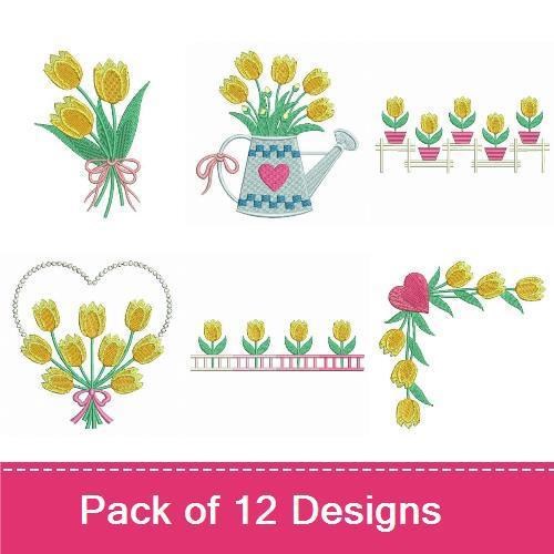 Yellow Tulips Embroidery Bundle – Watering Can with Tulips, Tulip Bouquet, Tulip Heart & More (12 Designs)