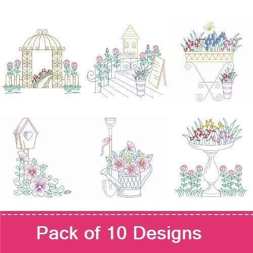 Redwork Garden Embroidery Designs Bundle – Arbor, Flower Basket, Fence with Flowers & More (10 Designs)