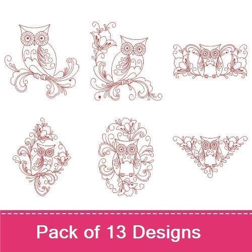 Redwork Owl and Floral Embroidery Designs Bundle – Elegant Owl, Floral Heart, Owl with Flowers & More (13 Designs)