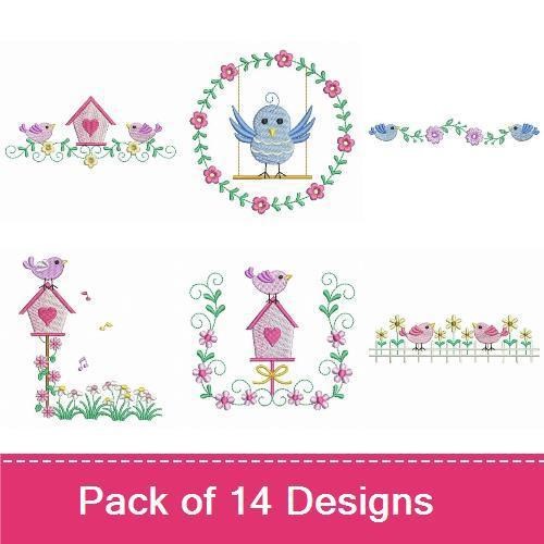 Spring Bird Embroidery Bundle – Blue Bird, Flower Birdhouse, Heart with Birds & More (14 Designs)