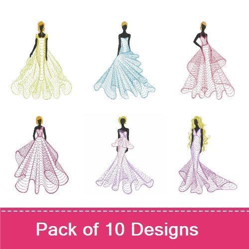 Rippled Elegant Evening Gown Embroidery Designs Bundle – Yellow Ripple Gown, Pink Evening Gown, Blue Evening Gown & More (10 Designs)