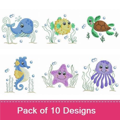 Ocean-Themed Characters Embroidery Designs Bundle – Whale, Shark, Fish & More (10 Designs)