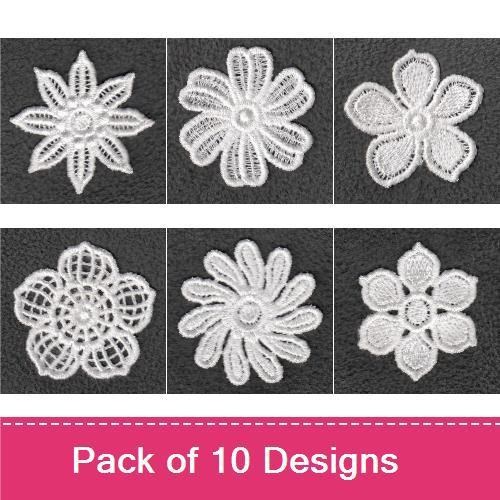 FSL Floral Lace Embroidery Designs Bundle – Floral Lace Star, Lace Flower with Petals & More (10 Designs)