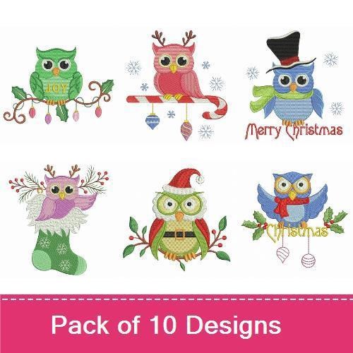 Festive Owls Embroidery Bundle – Santa Owl, Owl with Ornaments, Pink Owl with Candy Cane & More (10 Designs)