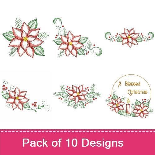 Poinsettia Embroidery Bundle – Floral Ornament, Wreath, Border & More (10 Designs)