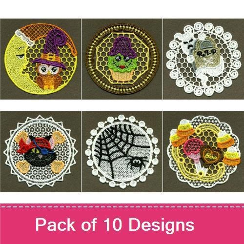 FSL Cute Halloween Embroidery Designs Bundle – Owl with Witch Hat, Pumpkin with Face, Frankenstein Monster & More (10 Designs)