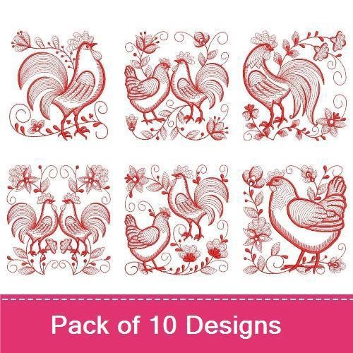 Redwork Rooster and Hen