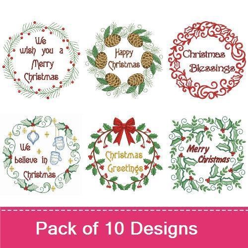Redwork Christmas Wreath Embroidery Designs Bundle – Merry Christmas, Christmas Blessings, Festive Wreath & More (10 Designs)