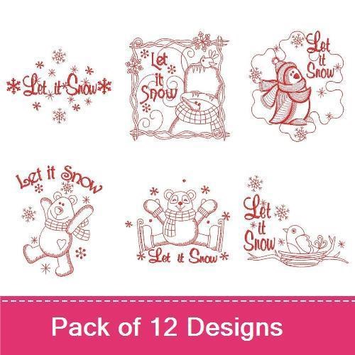 Redwork Winter Embroidery Designs Bundle – Santa Hat with Hearts, Snowman with Scarf, Christmas Tree & More (12 Designs)