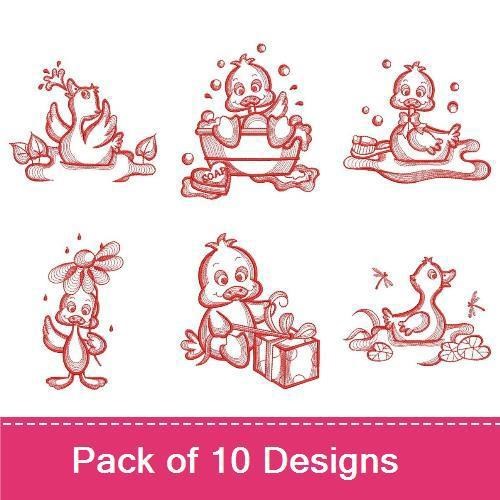 Redwork Cute Ducklings Embroidery Designs Bundle – Duckling in Bathtub, Duckling with Flower, & More (10 Designs)