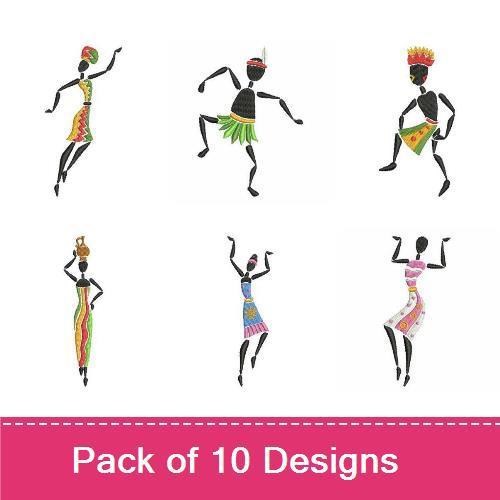 African Dance Silhouettes Embroidery Designs Bundle – Dancer with Headpiece, Dancer with Drum, Dancer in Traditional Outfit & More (10 Designs)