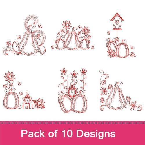 Redwork Autumn Pumpkin & Flowers Embroidery Designs Bundle – Pumpkin with Flowers, Stacked Pumpkins, & More (10 Designs)