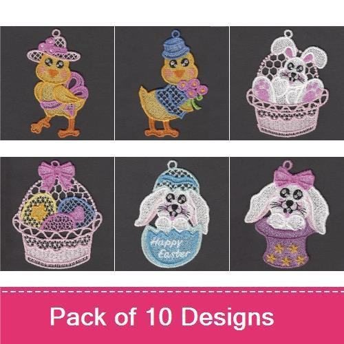 FSL Easter Embroidery Designs Bundle – Easter Bunny, Chick in Cupcake, Duck in Hat & More (10 Designs)
