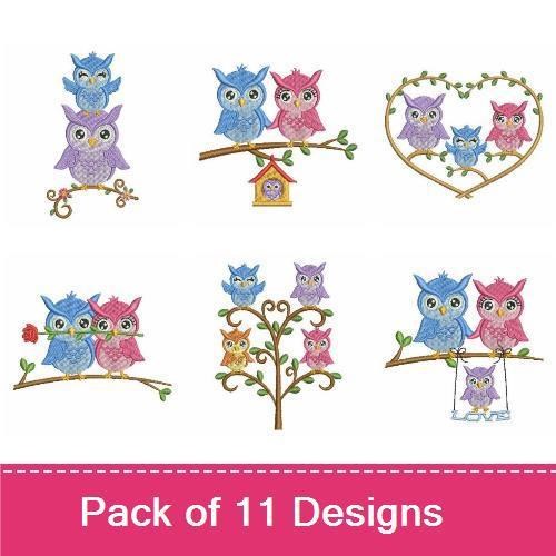 Charming Owl Family Embroidery Designs Bundle – Blue Owl, Pink Owl, Owl with Hearts & More (11 Designs)