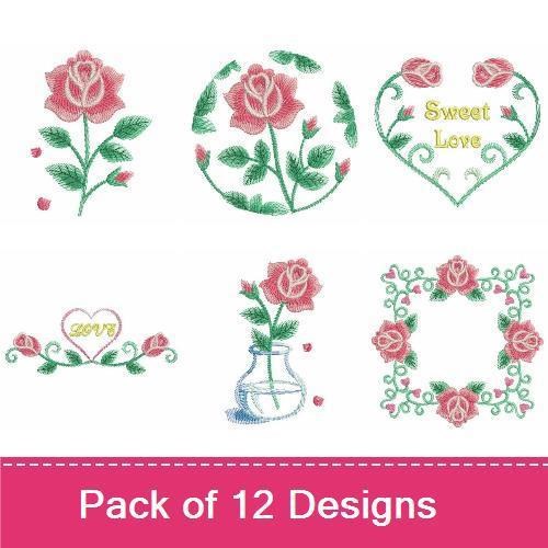 Roses & Romantic Embroidery Designs Bundle – Rose Wreath, Sweet Love Heart, Rose Vase & More (12 Designs)