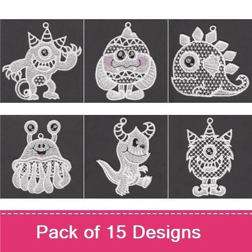 FSL Cute Monster Embroidery Designs Bundle – Monster with Party Hat, Round Monster, Spiky Dinosaur & More (15 Designs)