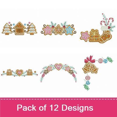 Gingerbread Christmas Embroidery Designs Bundle – Gingerbread House, Christmas Trees, Santa Stocking & More (12 Designs)