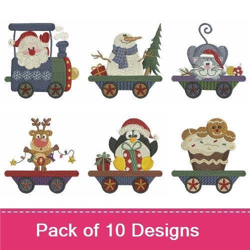 Holiday Train Characters Embroidery Bundle – Santa, Snowman, Reindeer & More (10 Designs)