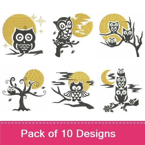 Owl Embroidery Designs Bundle – Owl on Branch with Moon, Stacked Owls, Owl Family & More (10 Designs)